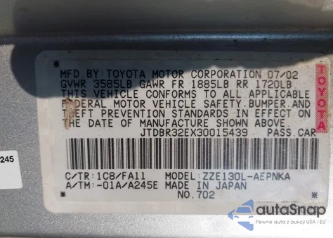 2003 Toyota Corolla Le z USA, uszkodzony, nr VIN JTDBR32EX30015439